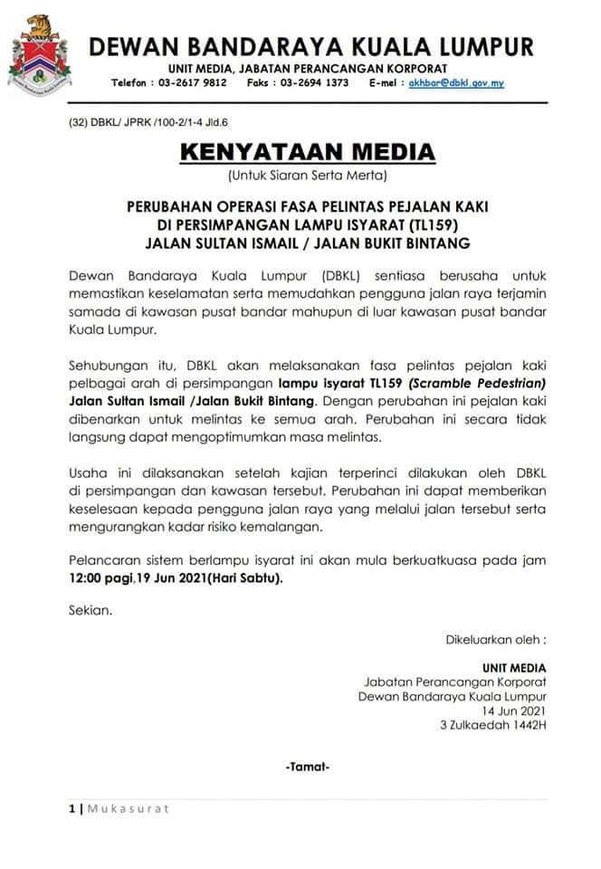 Kuala Lumpur City Hall (DBKL) press statement on the scramble crossing at Bukit Bintang
