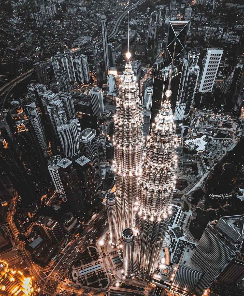 drone shot of the Petronas Twin Towers in Kuala Lumpur