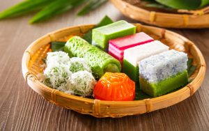 Malaysia kuih-muih served on a traditional rattan tray