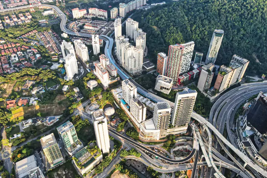 aerial view of a township with different types of buildings