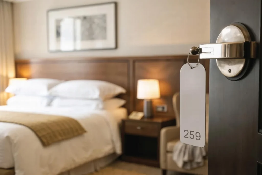 door of a hotel room opened overlooking the bed