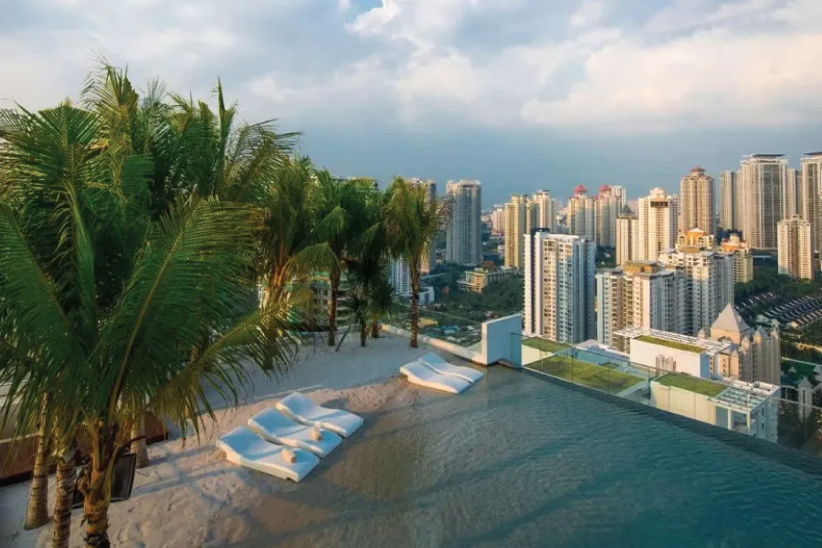a pool on the rooftop with the view of a city
