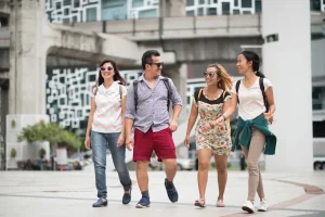 a group of friends walking in a city