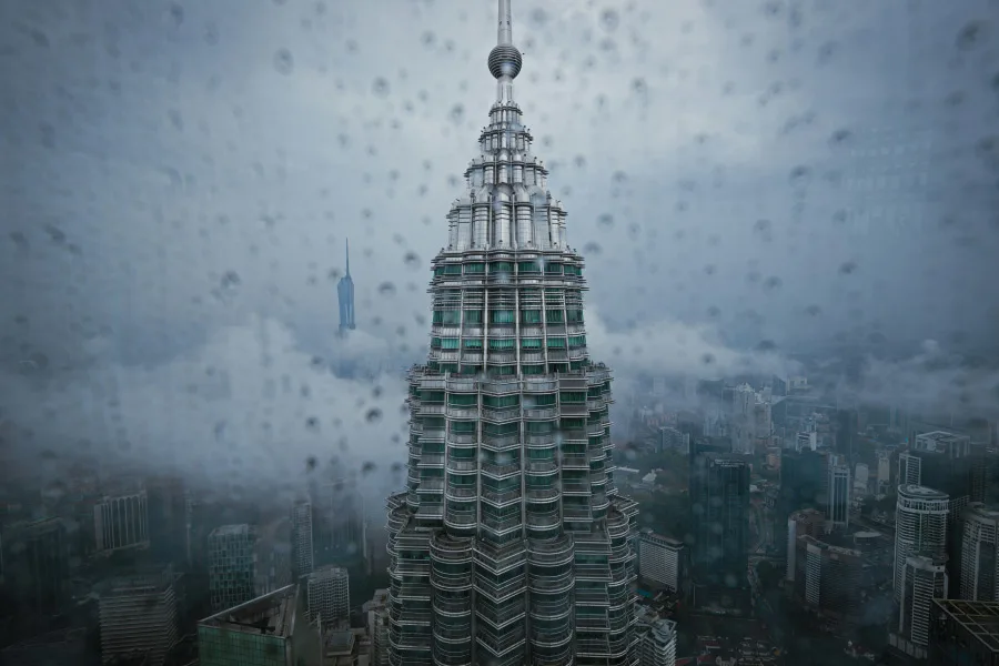 raining at Petronas Twin Towers