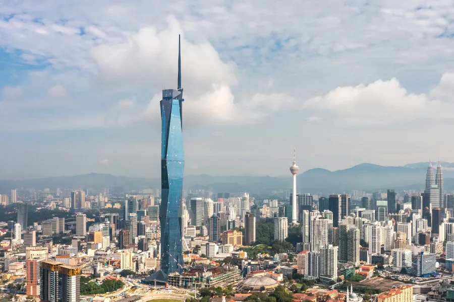 an aerial view of a city and skyscrapers