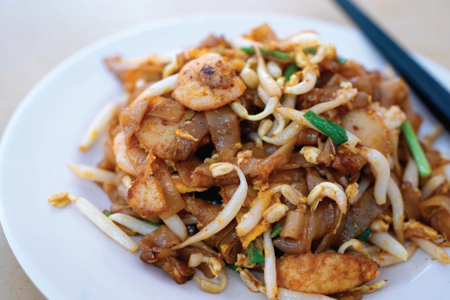 stir fried flat noodles with ingredients served on a white plate