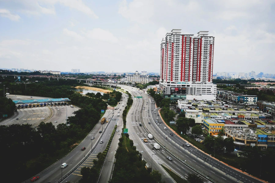 highway with tolls through a city