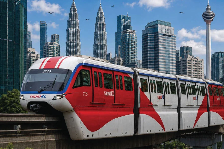 a train passing by city with skyscrapers