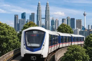 a train on an elevated tracks with skyscrapers in the background