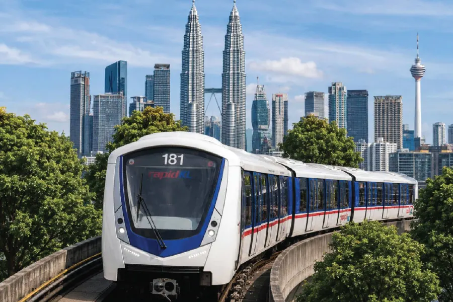 a train on an elevated tracks with skyscrapers in the background