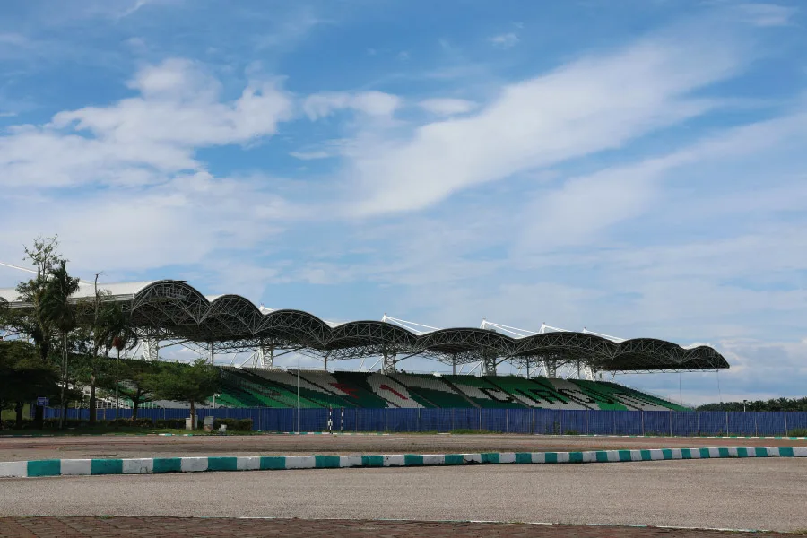 empty spectator stands at a racing circuit