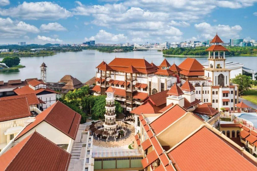 hotel and buildings by the lakeside