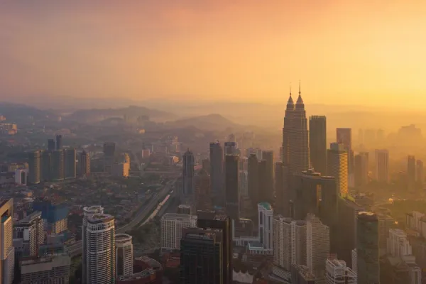aerial view of a city of skyscrapers during the golden hour