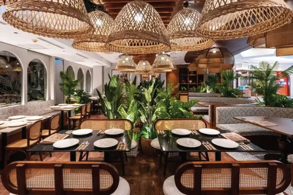 table and chair setup with Asian elements in a restaurant